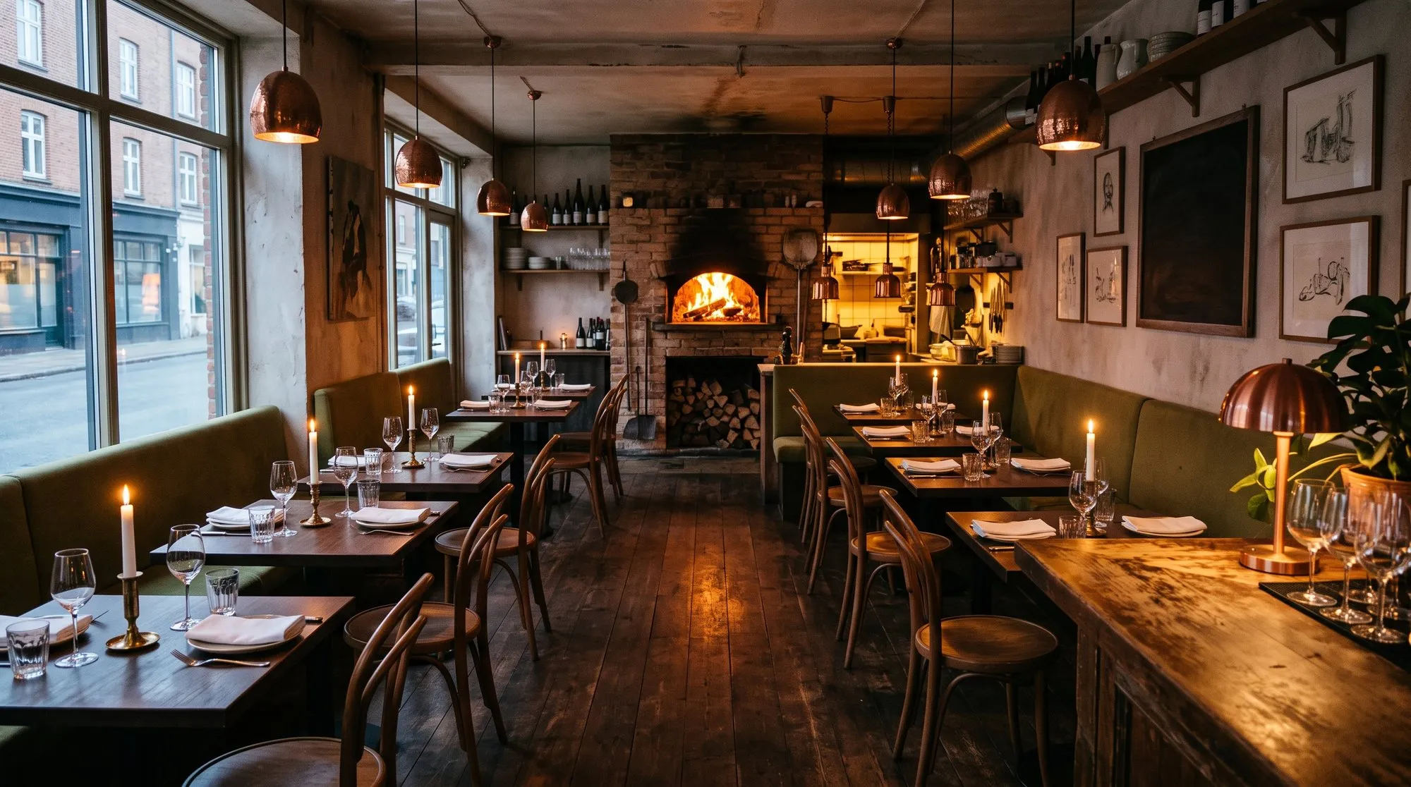 The dining room at dusk, wood-fired oven glowing at the back
